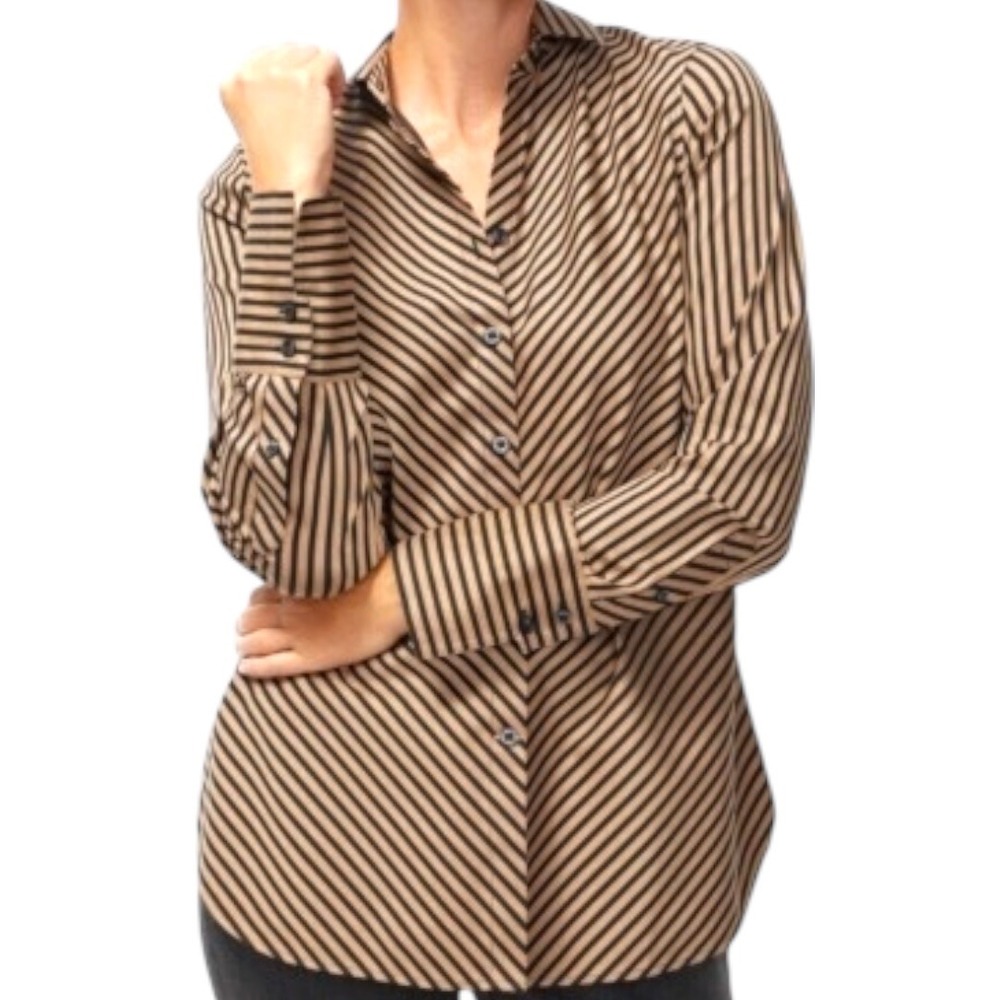Chico's Striped‎ Long Sleeve Button Up Shirt Blouse Top Tan Black Size 18 Caeer
